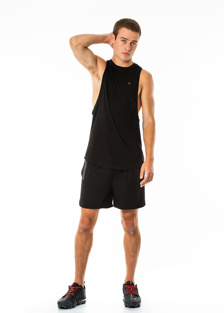 Men's gym training clothes nz, black muscle tank, relaxed fit, round neck, full length