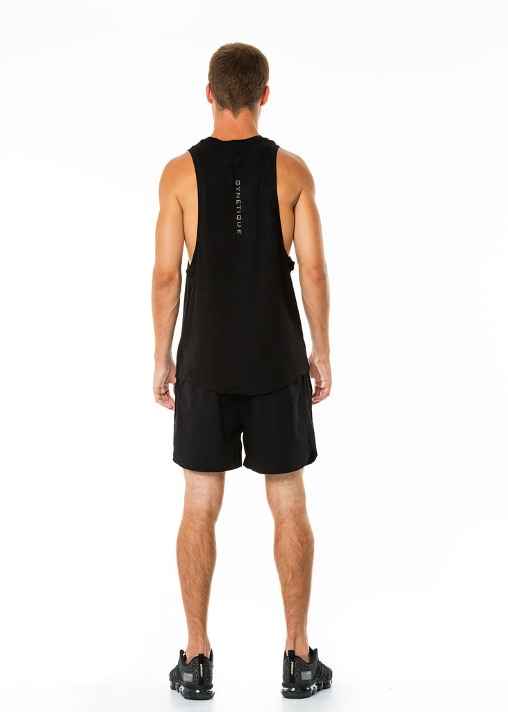 Men's gym wear nz black training muscle tank top, Gynetique logo, round neck, extra length