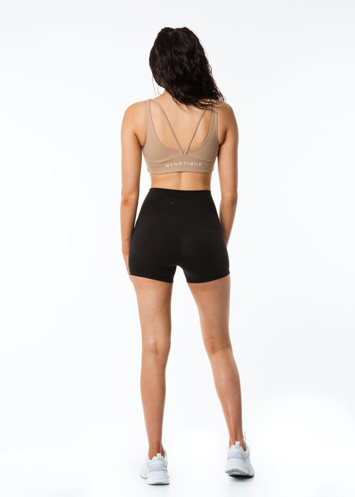 Women's black gym shorts, gynetique logo, 3 inch inseam, butt contour lines