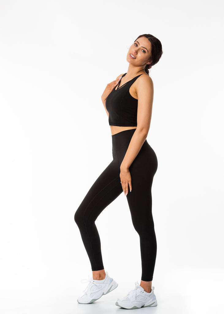 New Zealand gym wear women's black sports bra longline crop top on sale, cross straps front