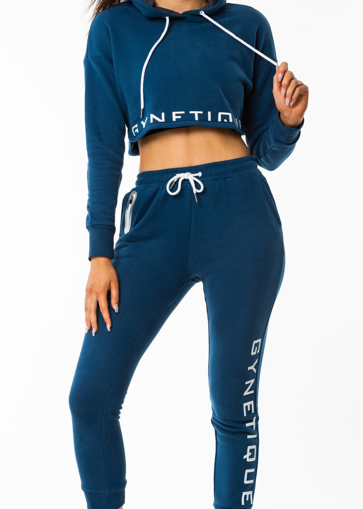 Gynetique workout clothing nz, identity blue cropped hoodie, drawstring, brushed fleece fabric, size small, white logo