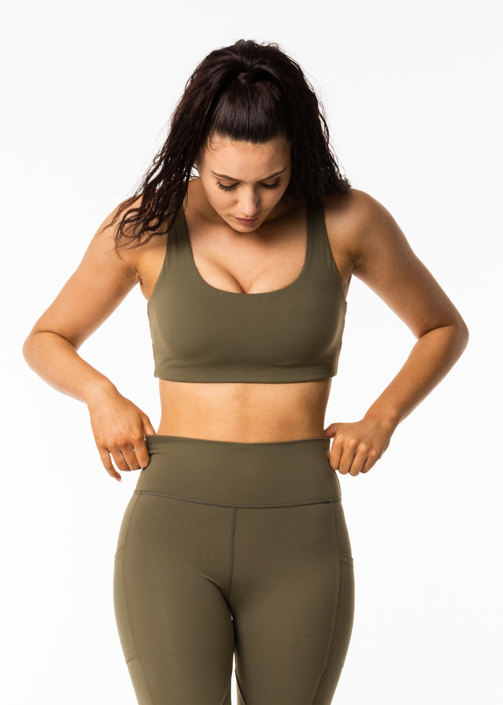 Women's activewear brand nz, Gynetique Intense collection khaki sports bra, padded cups, round scoop neck, elastic waist band