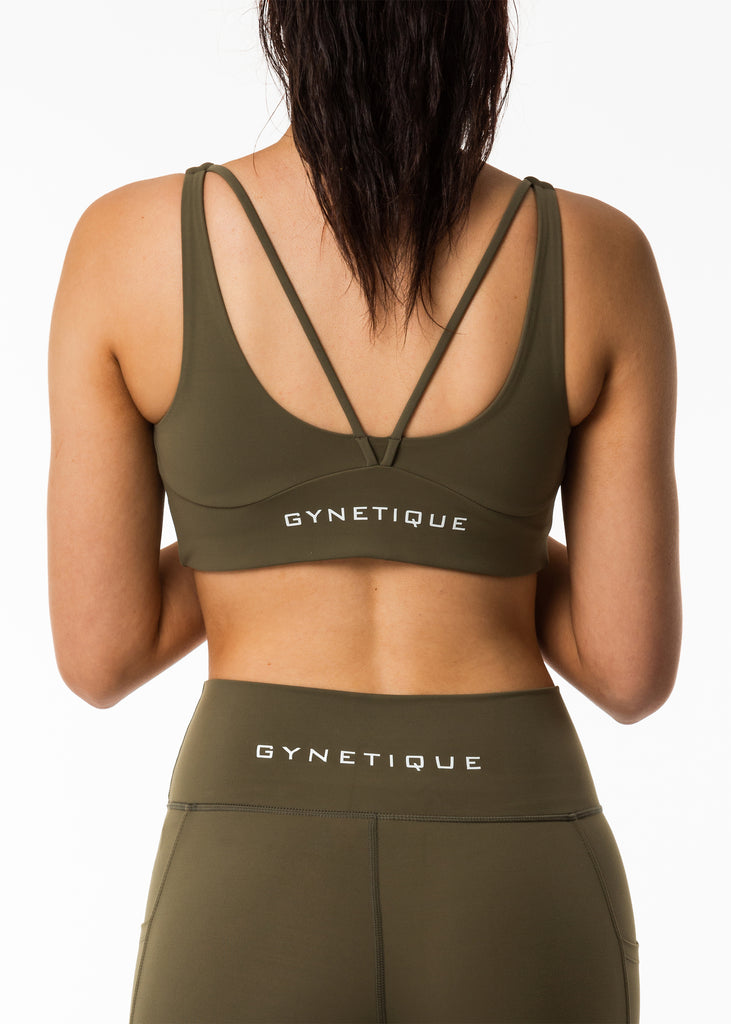 Women's gym clothes, Gynetique Intense collection sports bra in khaki, padded cups, two back straps, white logo on back
