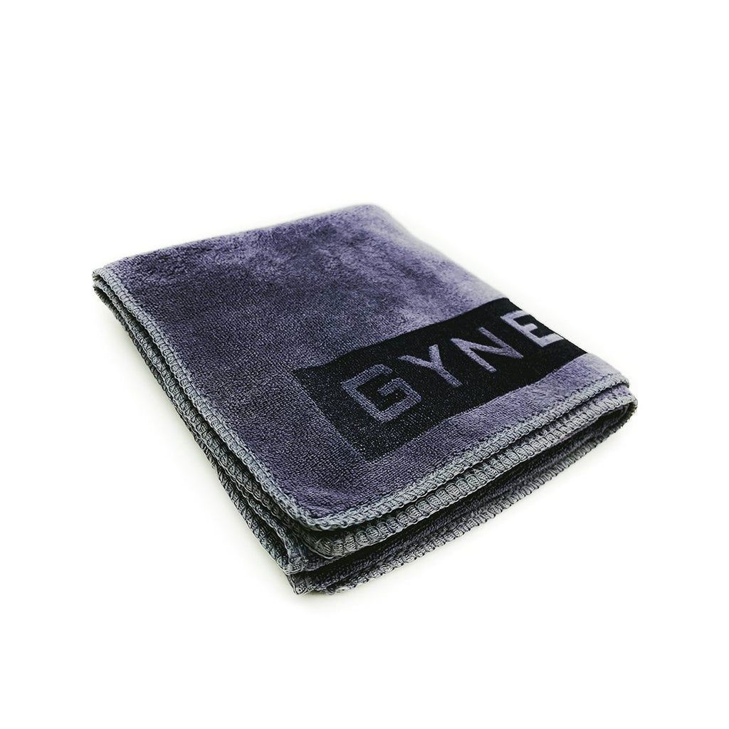 Gym sweat towel online nz, grey colour, microfibre material, laser etched gynetique logo, size medium