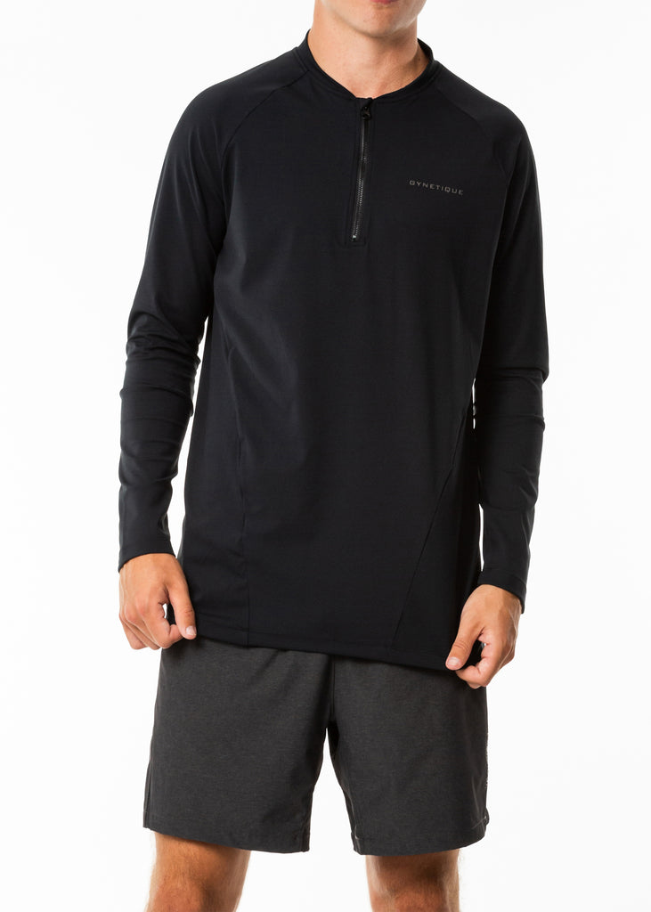 Men's activewear nz, black long sleeve running top, full sleeve base layer, half zip, fitted