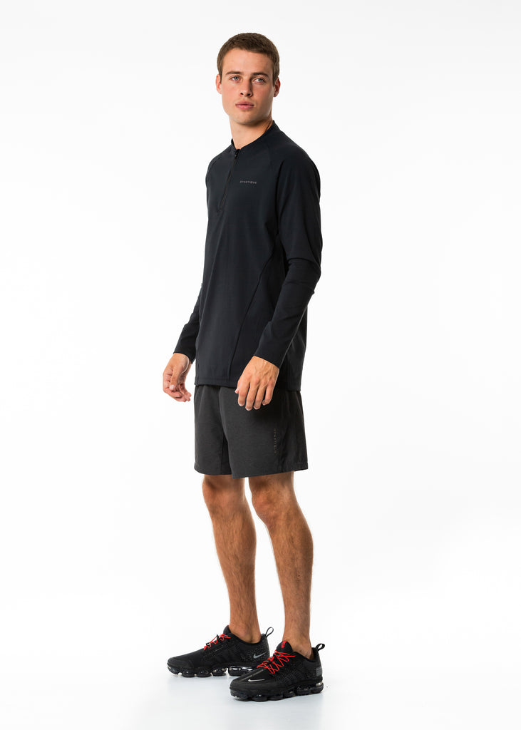 Men's online fitness clothing, black training top, long sleeve, half zip, compression base layer