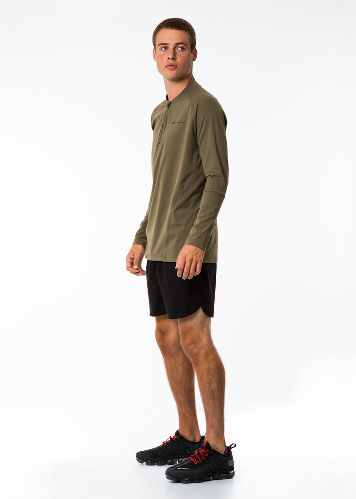 Men's activewear nz long sleeve base layer pullover training top, half zip, khaki