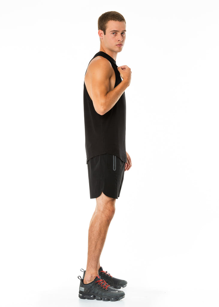 Men's activewear nz muscle tank top in black, curved hem, dropped arm holes, round neck