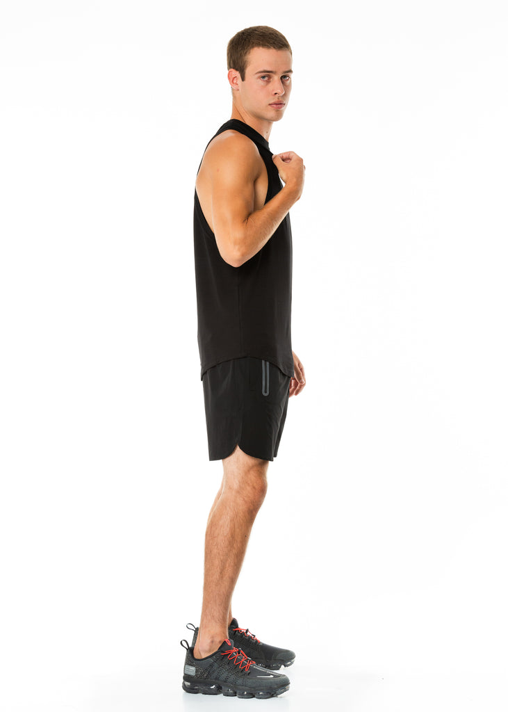 Men's activewear nz muscle tank top in black, curved hem, dropped arm holes, round neck