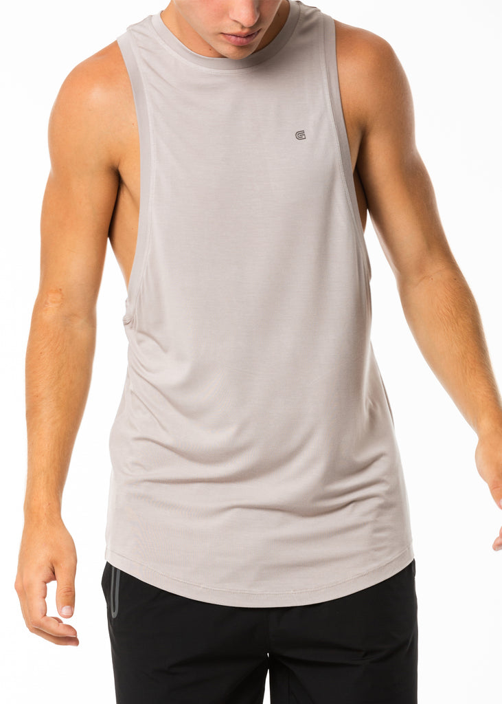 Men's online gym clothes nz, grey exercising muscle tank top, extra length, curved bottom hem, round neck, dropped armholes