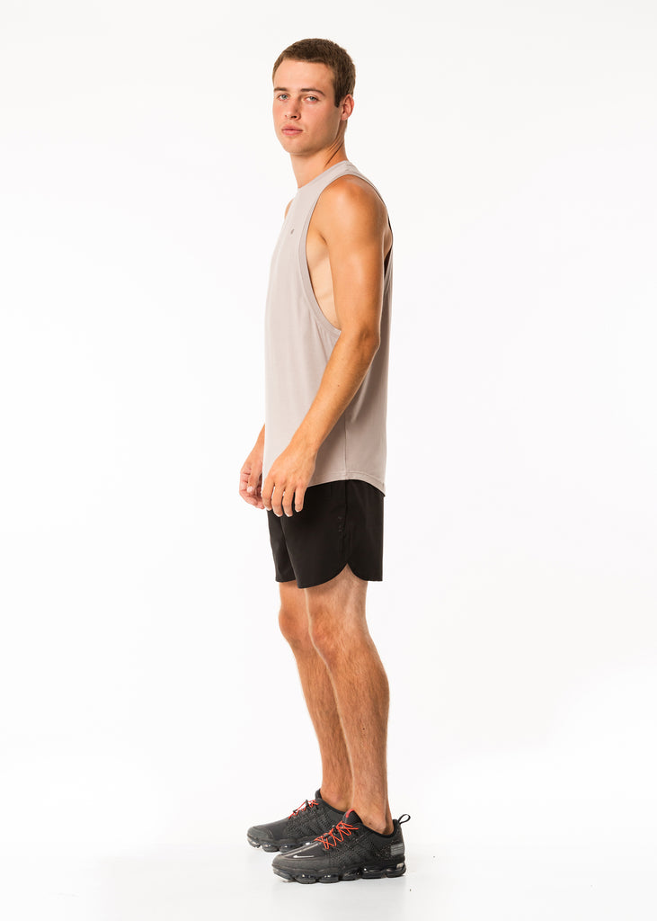Men's sportswear nz, muscle tank top in grey, extra length, dropped armholes, round neck
