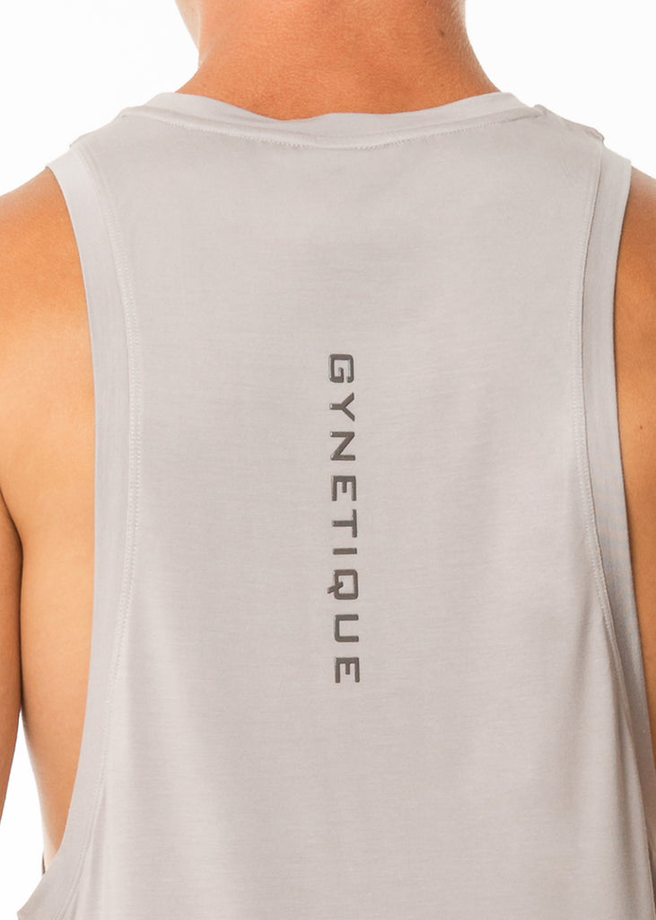 Men's gym wear nz grey muscle tank top, round neck, gynetique logo, dropped arm holes