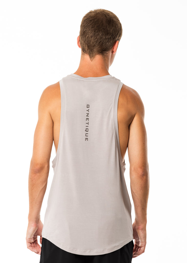 Men's gym clothing New Zealand, grey muscle tank top, round neck, dropped armholes, gynetique logo
