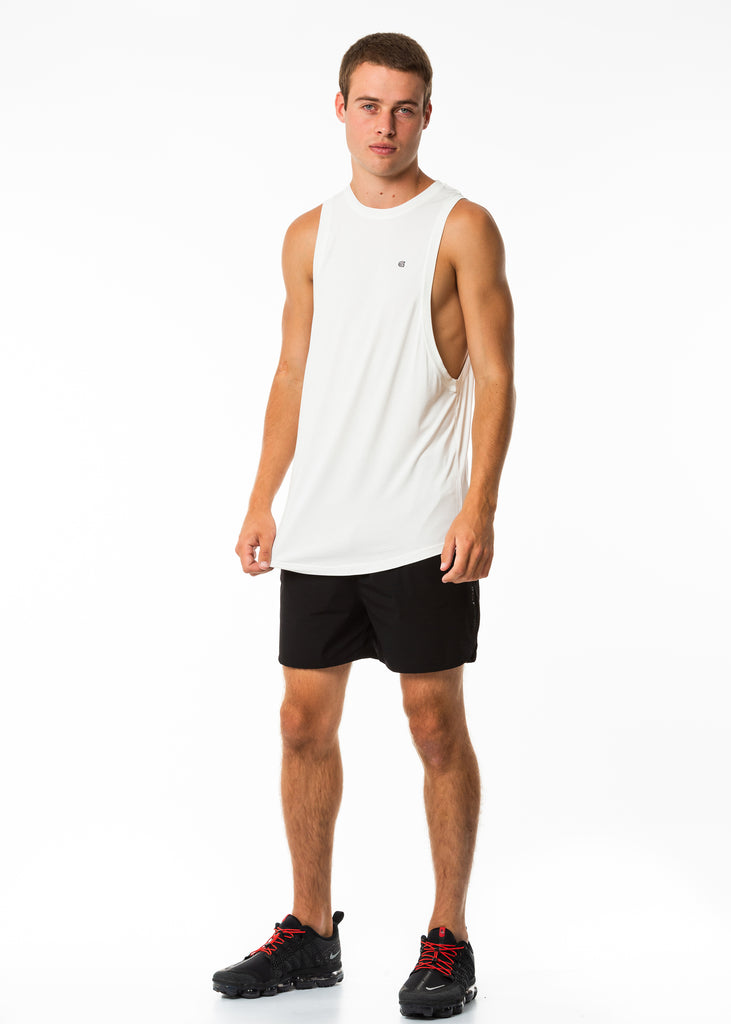 Men's sportswear New Zealand, white muscle tank top, dropped arm hole, long length