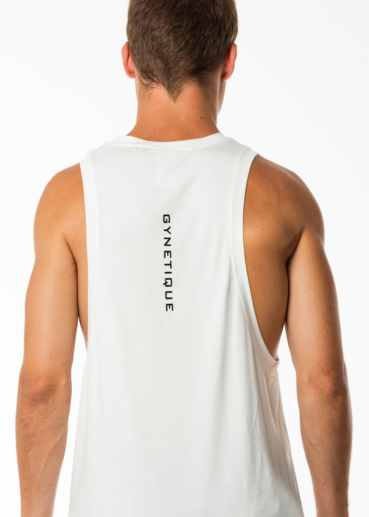 Men's gym wear New Zealand, white exercising muscle tank top, dropped armholes, round neck, extra length