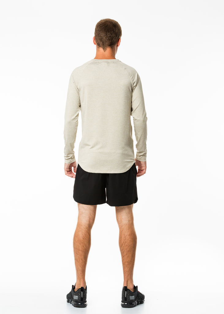 Men's gym clothing nz, full sleeve running top in oatmeal colour, round neck, extra body length, fitted style