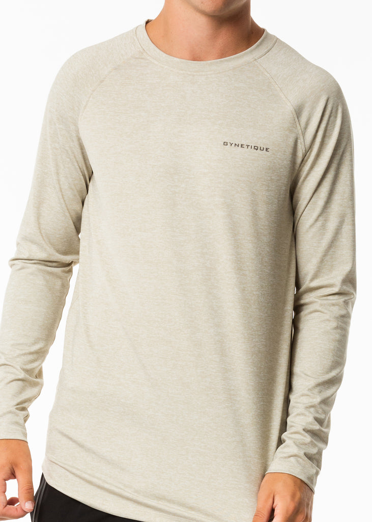Men's active wear online nz, full sleeve workout top in oatmeal colour, gynetique logo on chest, round neck, fitted style