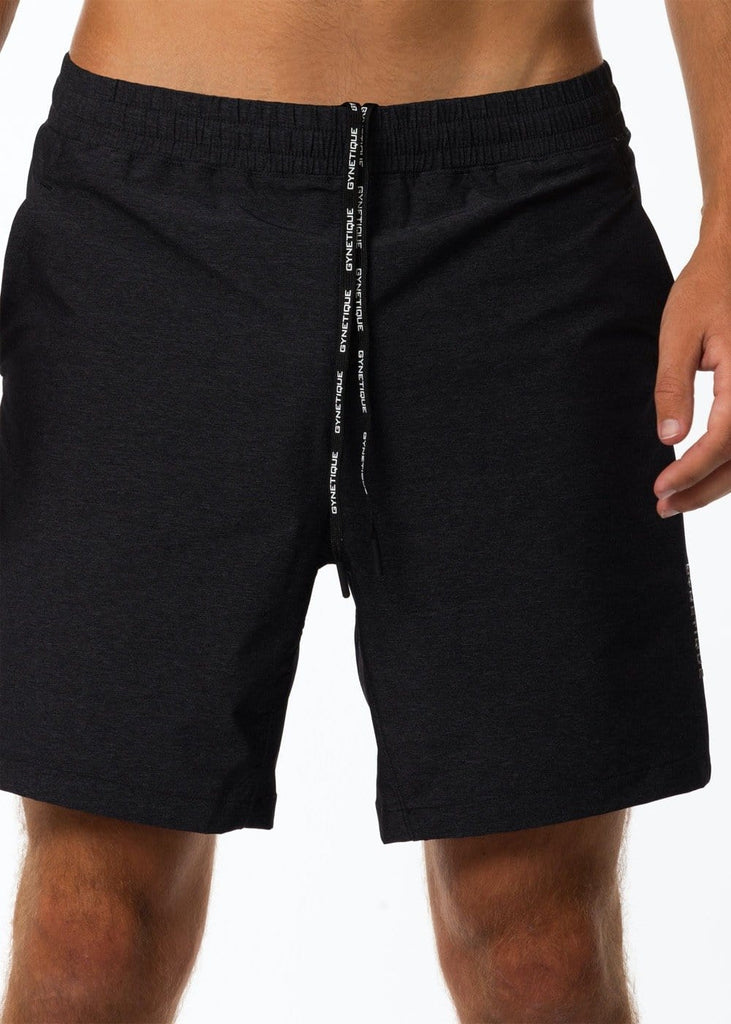 Men's black stretchy gym shorts with drawstrings and pockets
