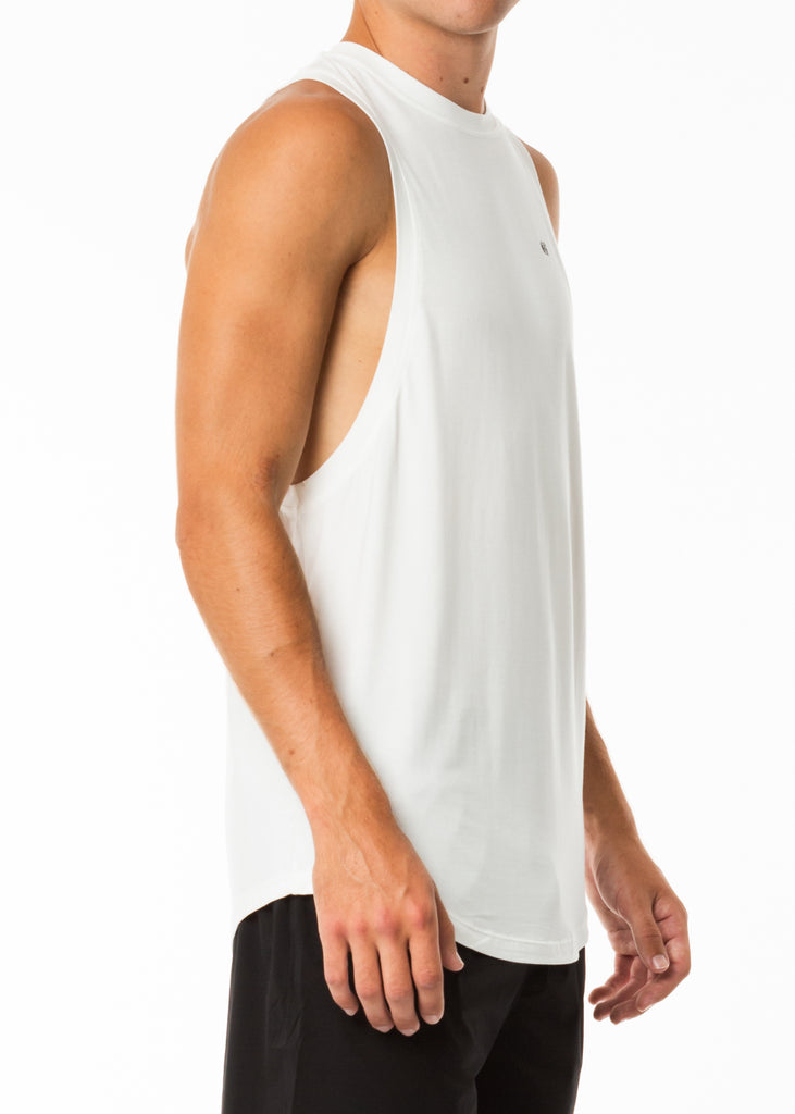 Men's gym clothing nz, white training muscle tank top, dropped arm holes, extra length, round neck