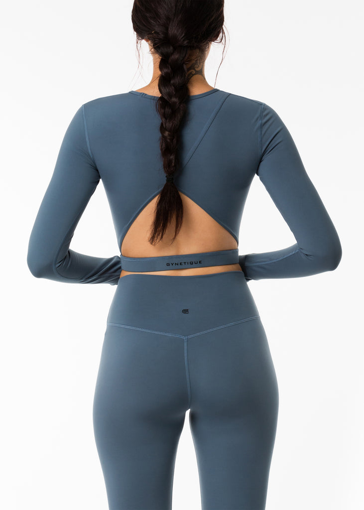 Activewear grey long sleeve crop top back cutout design