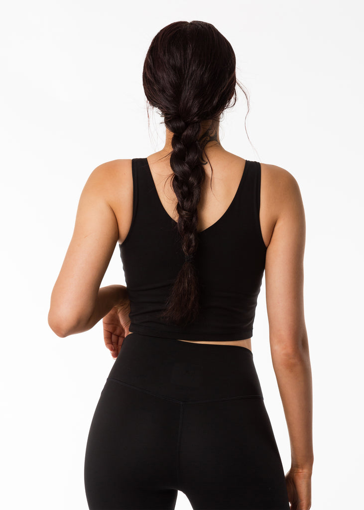 Gynetique bare with me black sports bra longline crop top, v neck, New Zealand fitness wear 
