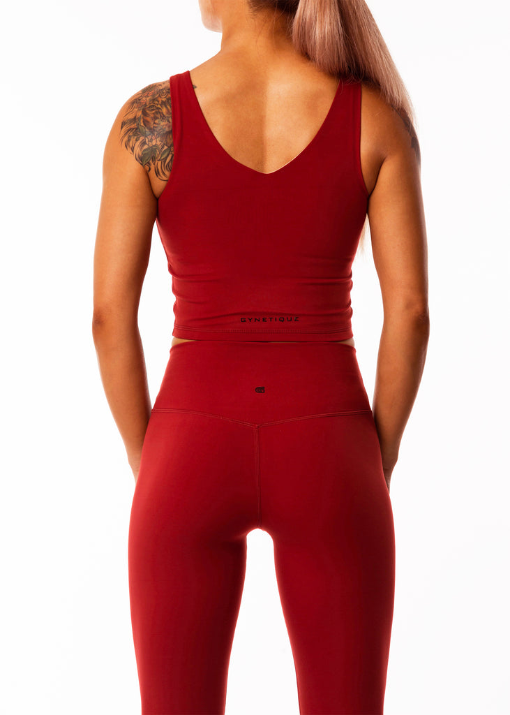 New Zealand Women's workout sports bra, bare with me longline crop top in fire brick red, v neck, logo on back