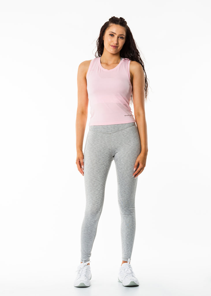 Women's activewear online nz, tank top in pink, relaxed fit, round neck, gynetique logo front