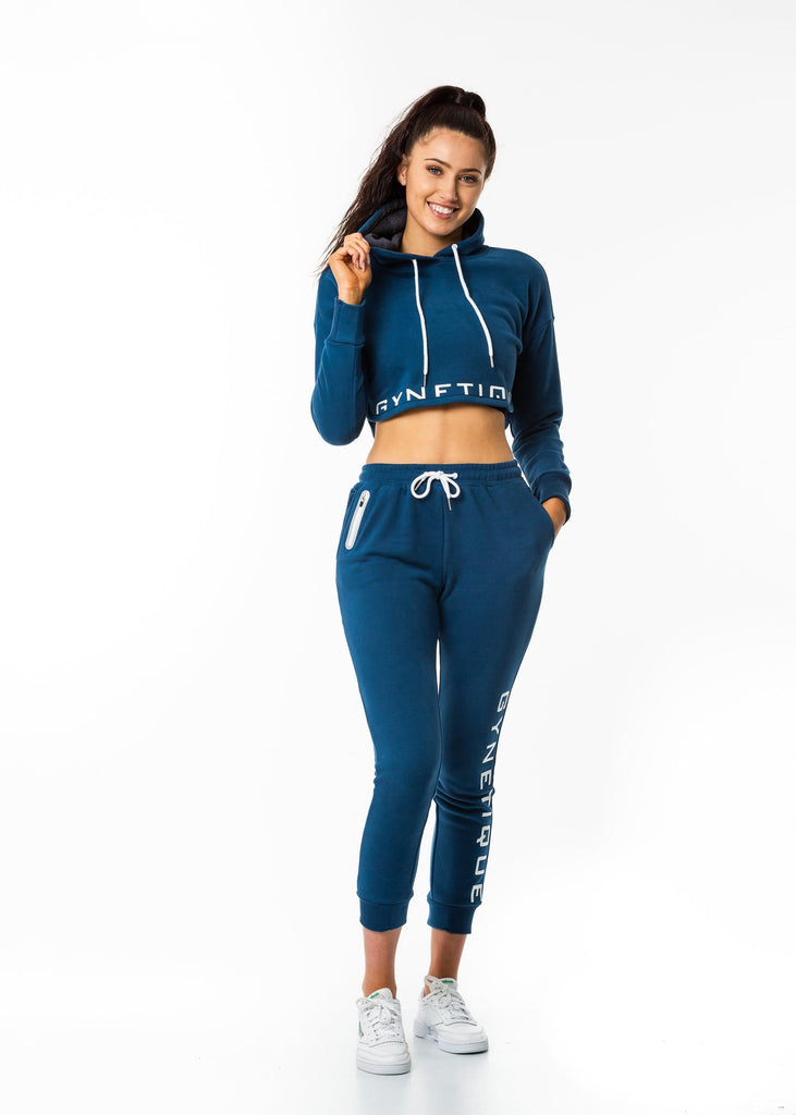 Gynetique sportswear online nz, women's identity hoodie cropped length, navy blue, white drawstring, brushed fleece, long sleeves