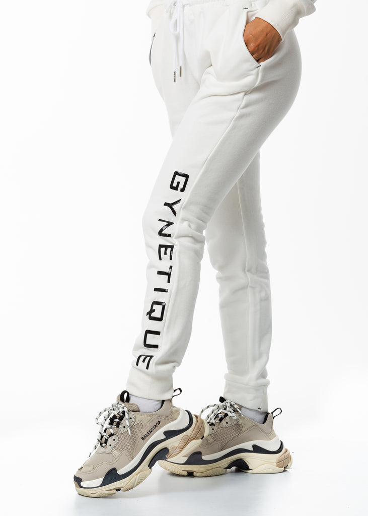 Women's streetwear New Zealand, Gynetique Identity white track pants, popular matching set