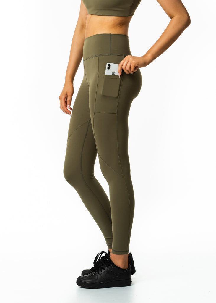 Activewear nz online, women's Intense pocket leggings in khaki, high waist design, sweat wicking fabric